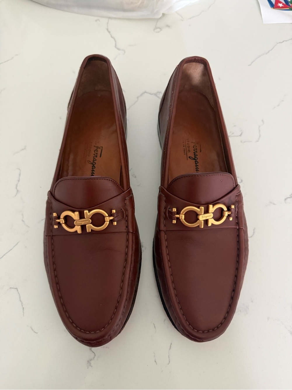 Salvatore Ferragamo Men’s Burgundy Leather Loafers with Gold Gancini